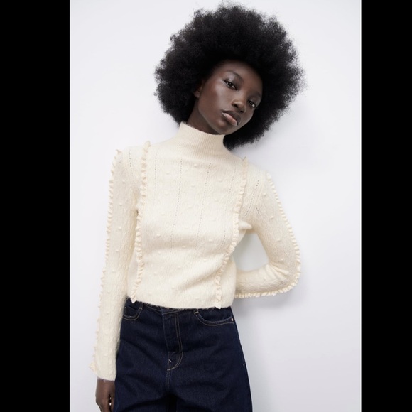 Zara Sweaters Zara Cream Ruffle High Collar Knit Sweater Poshmark
